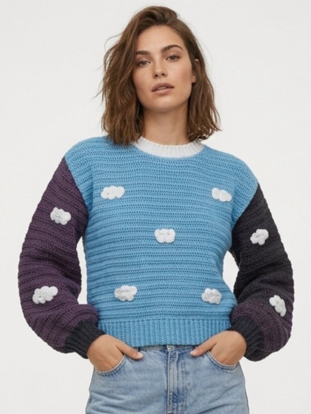 Hand Crochet Blue Cloud Sweater Colorblock Chunky Knit Crewneck Pullover NWT